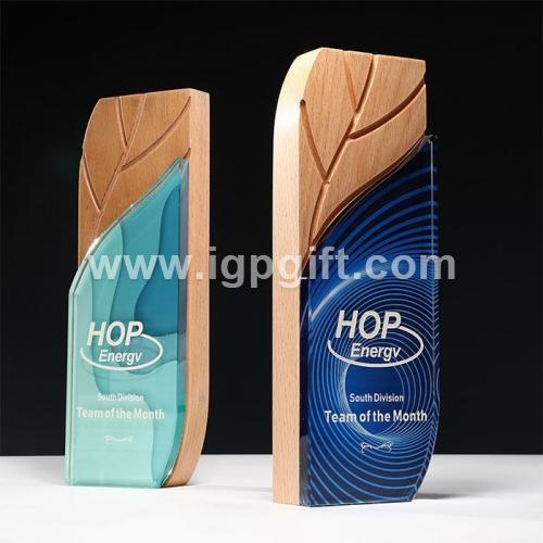 Leaf pattern solid wood with colored printing crystal trophy